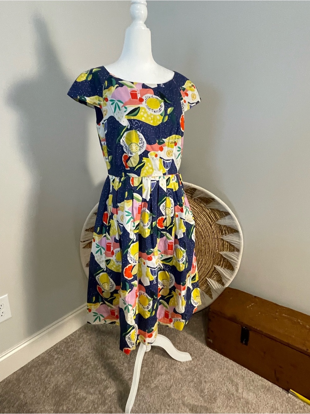 Navy Citrus Print Fit-and-Flare Dress